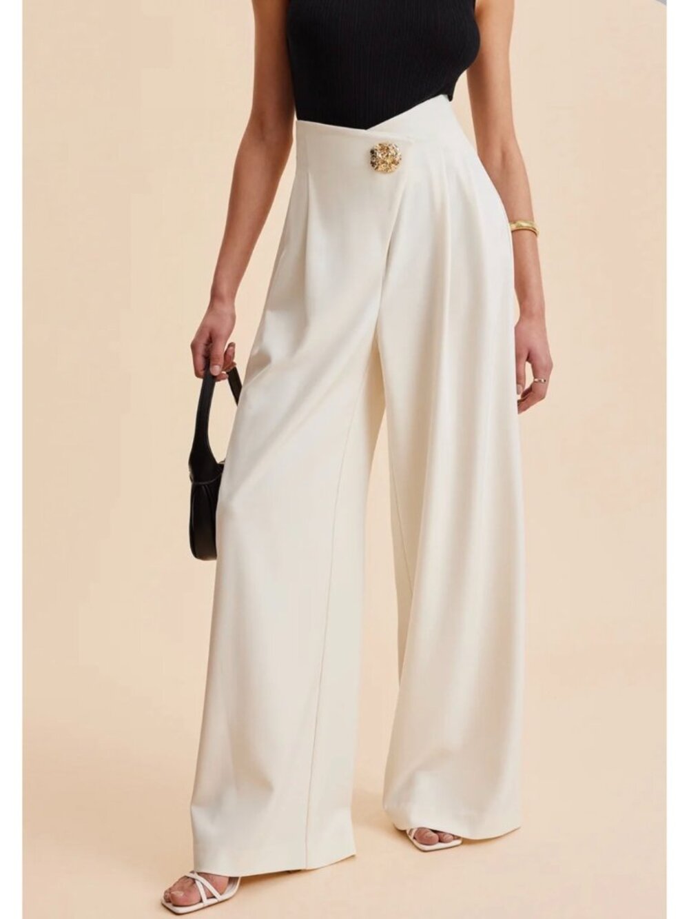 Commense Women's Embellished Wide-Waist Wide-Leg Pleated Pants Size XS
